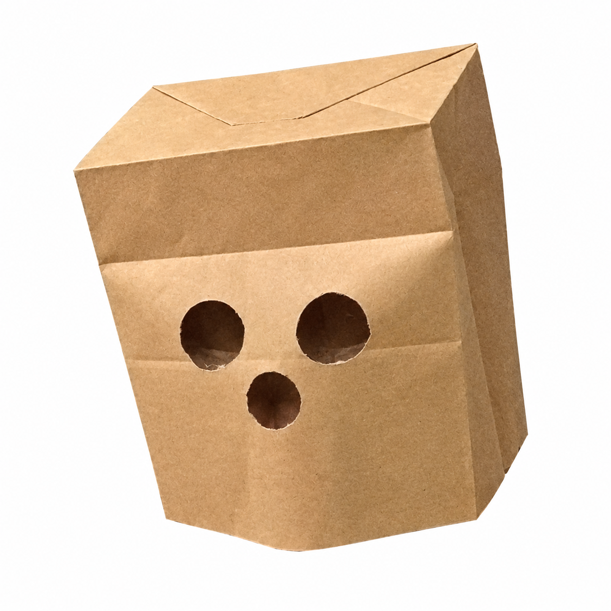 An empty brown paper bag with three cutout holes, floating in the air.